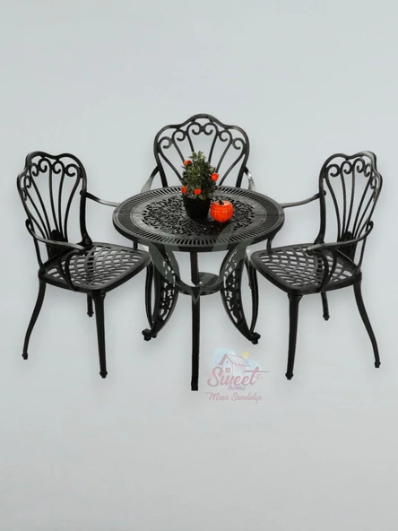 Ferforje görünümlü Plastik Yuvarlak İstanbul Masa Sandalye Takımı 1 Masa 3 Sandalye Balkon, Bahçe Mobilyası - 3