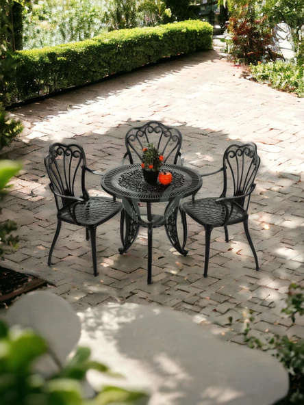 Ferforje görünümlü Plastik Yuvarlak İstanbul Masa Sandalye Takımı 1 Masa 3 Sandalye Balkon, Bahçe Mobilyası - 4