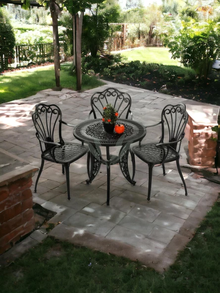 Ferforje görünümlü Plastik Yuvarlak İstanbul Masa Sandalye Takımı 1 Masa 3 Sandalye Balkon, Bahçe Mobilyası - 5