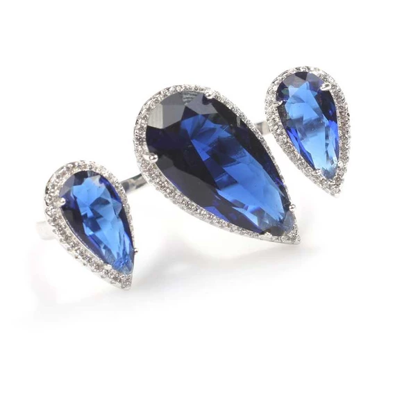 925 Ayar Gümüş Çift Parmak Yüzüğü Damla Safir Üçlü - Resim 3