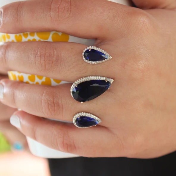 925 Ayar Gümüş Çift Parmak Yüzüğü Damla Safir Üçlü - Resim 7