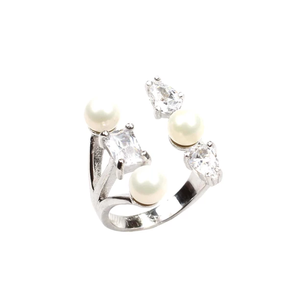 925 Ayar Gümüş Üç İncili, Zirkon Taşlı Yüzük - Resim 4