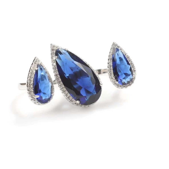 925 Ayar Gümüş Çift Parmak Yüzüğü Damla Safir Üçlü - Resim 4