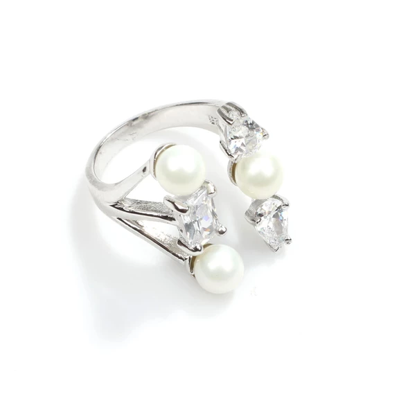 925 Ayar Gümüş Üç İncili, Zirkon Taşlı Yüzük - Resim 3