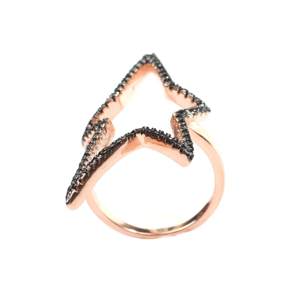 925 Ayar Gümüş Siyah Taşlı Pembe Renk Yıldız Yüzük - Resim 3