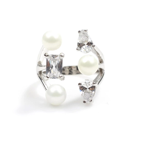 925 Ayar Gümüş Üç İncili, Zirkon Taşlı Yüzük - Resim 6