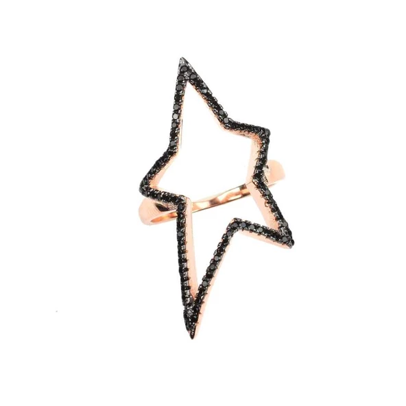 925 Ayar Gümüş Siyah Taşlı Pembe Renk Yıldız Yüzük - Resim 2