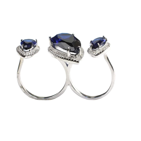 925 Ayar Gümüş Çift Parmak Yüzüğü Damla Safir Üçlü - Resim 8