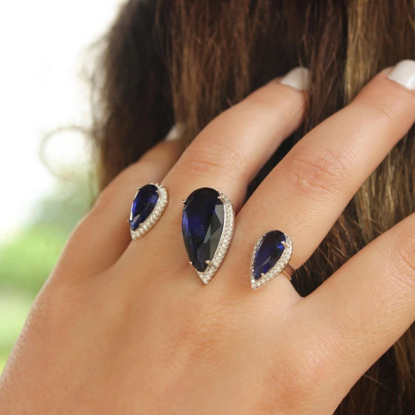 925 Ayar Gümüş Çift Parmak Yüzüğü Damla Safir Üçlü - Resim 5