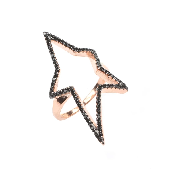 925 Ayar Gümüş Siyah Taşlı Pembe Renk Yıldız Yüzük - Resim 5