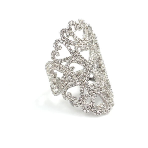 925 Ayar Gümüş Motifli Oval Tasarım Beyaz Renk Yüzük - Resim 8