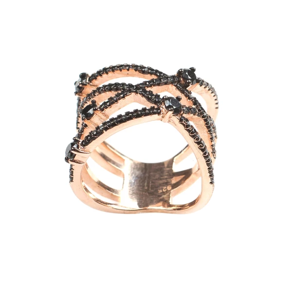 925 Ayar Gümüş Siyah Taşlı XX Model Pembe Renkli Yüzük - Resim 6