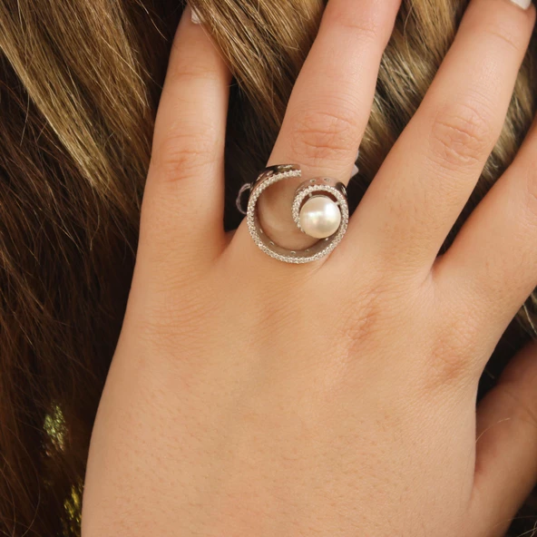 925 Ayar Gümüş 9 Tasarım İncili Yüzük - Resim 6