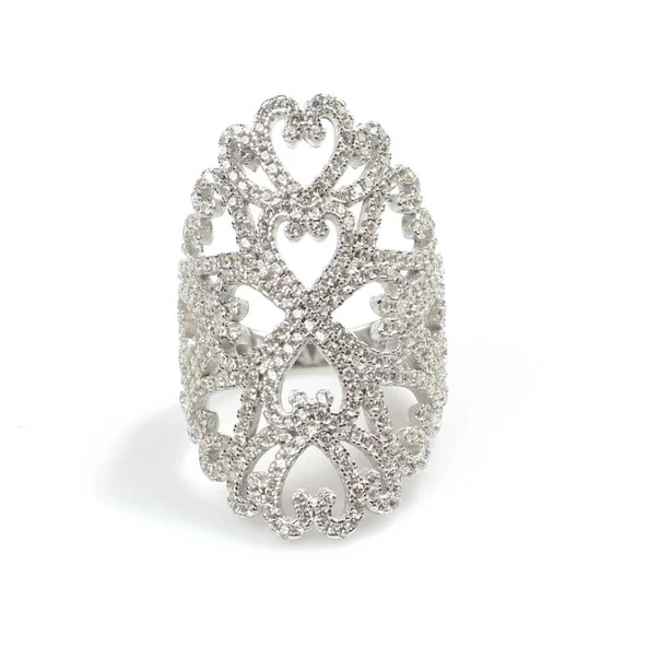 925 Ayar Gümüş Motifli Oval Tasarım Beyaz Renk Yüzük - Resim 2