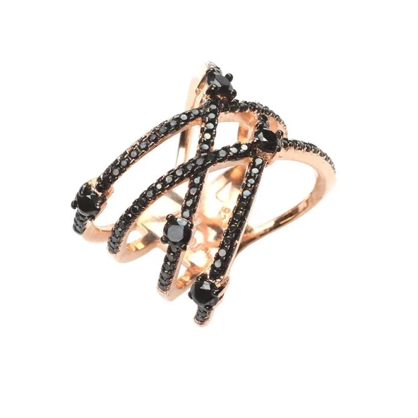 925 Ayar Gümüş Siyah Taşlı XX Model Pembe Renkli Yüzük - Resim 2