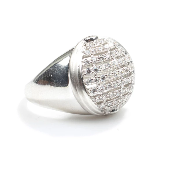 925 Ayar Gümüş Yuvarlak Izgaralı Taşlı Model Yüzük - Resim 3