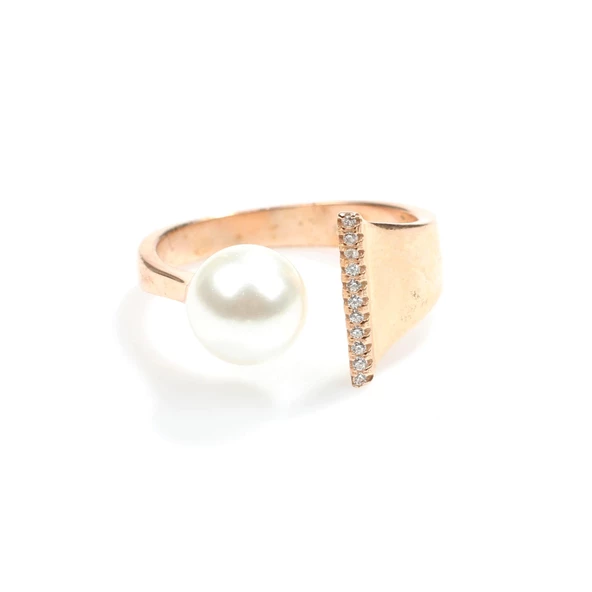 925 Ayar Gümüş Tek İncili Sıralı Zirkon Taşlı Tasarım Yüzük - Resim 4