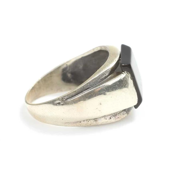 925 Ayar Gümüş Dikdörtgen Oniks Taşlı Erkek Yüzük - Resim 3