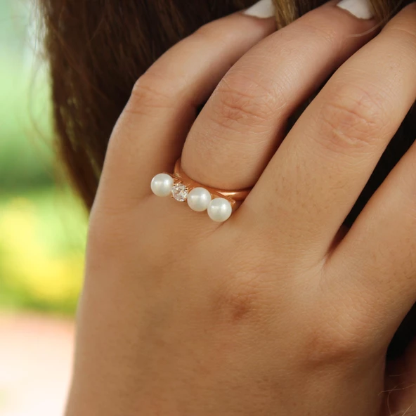 925 Ayar Gümüş Üç İncili Tasarım Yüzük - Resim 2