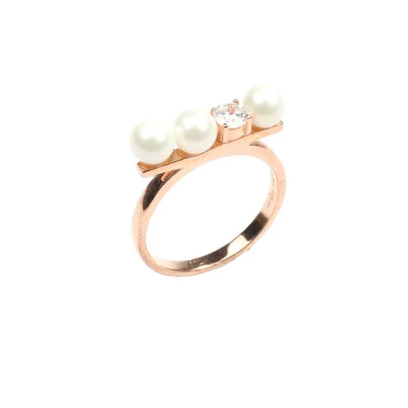 925 Ayar Gümüş Üç İncili Tasarım Yüzük - Resim 4