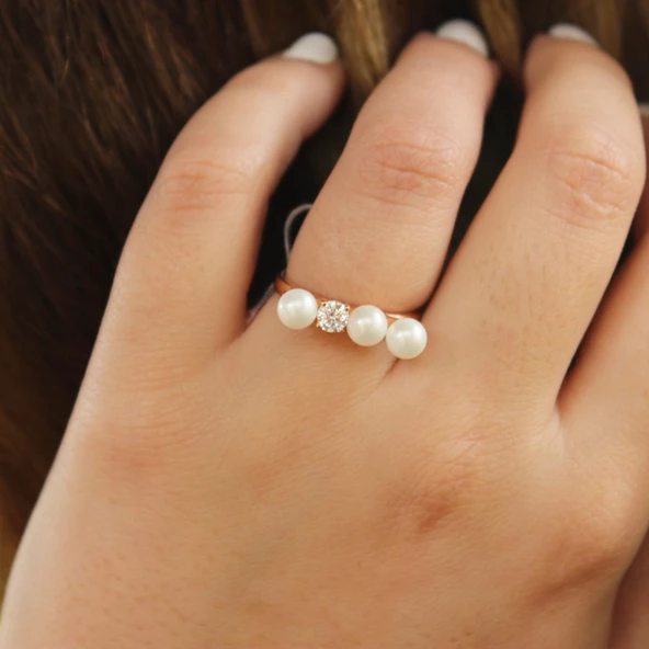 925 Ayar Gümüş Üç İncili Tasarım Yüzük - Resim 7