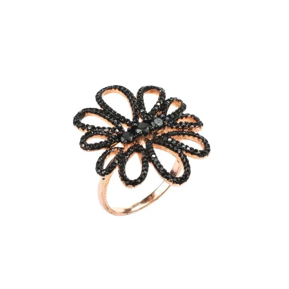 925 Ayar Gümüş Beyaz Renk Siyah Taşlı Çiçekli Yüzük - Resim 6