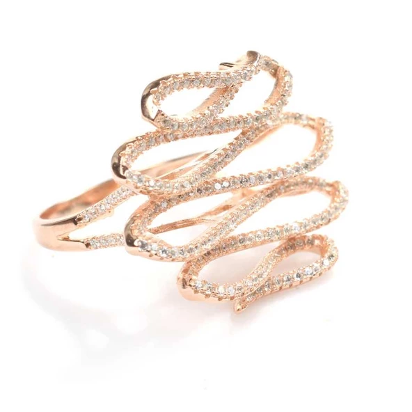 925 Ayar Gümüş Dalga Boyutlu Pembe Renk Beyaz Taşlı Yüzük - Resim 3