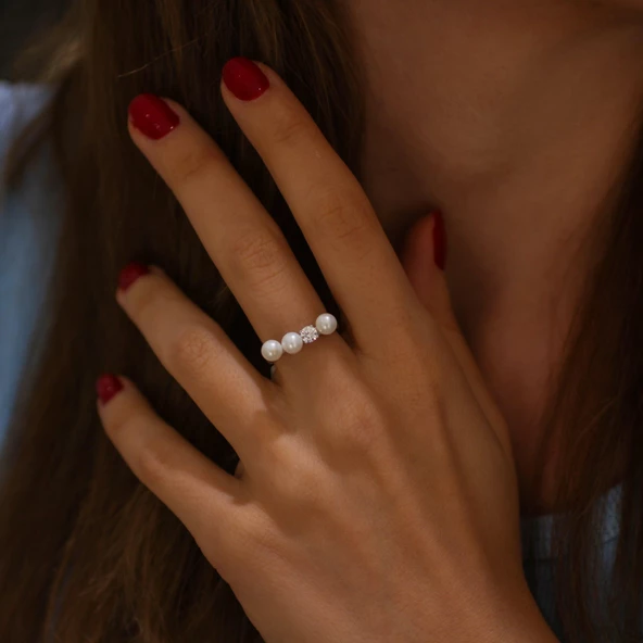 925 Ayar Gümüş Üç İncili Tasarım Yüzük - Resim 3