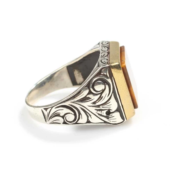 925 Ayar Gümüş Kare Kaşlı Kaplan Gözü Taşlı Erkek Yüzük - Resim 2