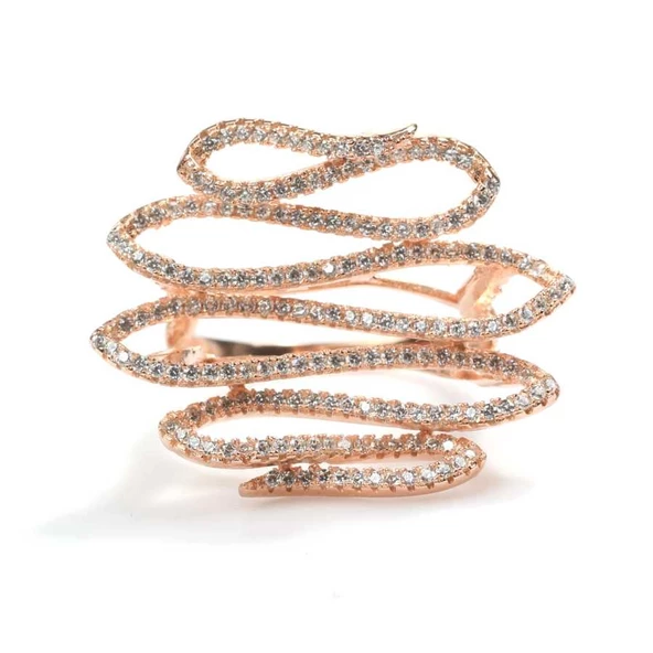 925 Ayar Gümüş Dalga Boyutlu Pembe Renk Beyaz Taşlı Yüzük - Resim 4