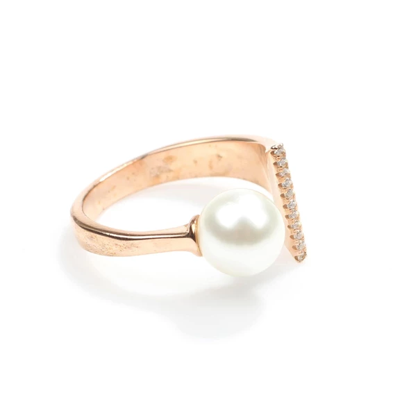 925 Ayar Gümüş Tek İncili Sıralı Zirkon Taşlı Tasarım Yüzük - Resim 3