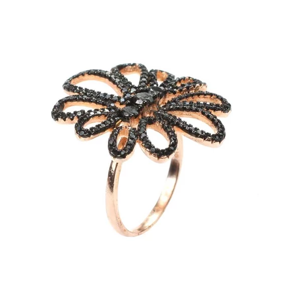 925 Ayar Gümüş Beyaz Renk Siyah Taşlı Çiçekli Yüzük - Resim 7