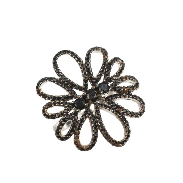 925 Ayar Gümüş Beyaz Renk Siyah Taşlı Çiçekli Yüzük - Resim 5