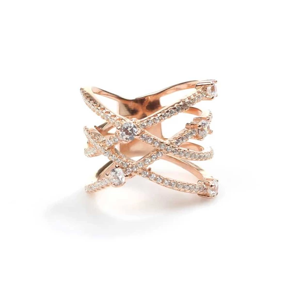 925 Ayar Gümüş Beyaz Zirkon Taşlı X Model Yüzük - Resim 2