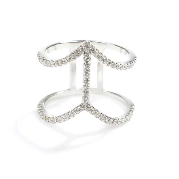 925 Ayar Gümüş Beyaz Renkli V Şekilli Tasarım Yüzük - Resim 5