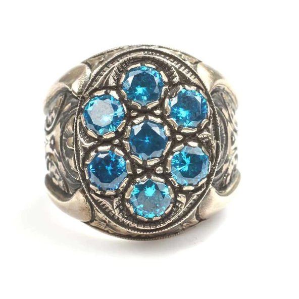 925 Ayar Gümüş Oval Mavi Zirkon Taşlı Erkek Yüzük - Resim 4