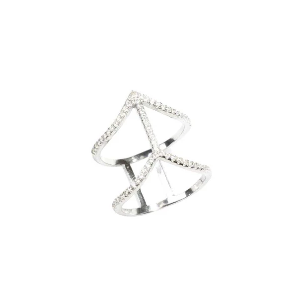 925 Ayar Gümüş Beyaz Renkli V Şekilli Tasarım Yüzük - Resim 2