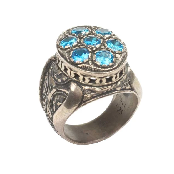 925 Ayar Gümüş Oval Mavi Zirkon Taşlı Erkek Yüzük - Resim 2