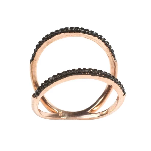 925 Ayar Gümüş Rose Renkli Siyah Taşlı  Yüzük - Resim 3