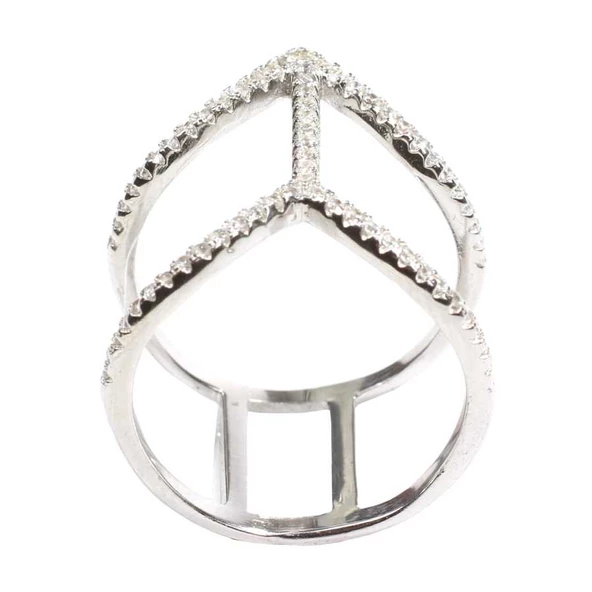 925 Ayar Gümüş Beyaz Renkli V Şekilli Tasarım Yüzük - Resim 3