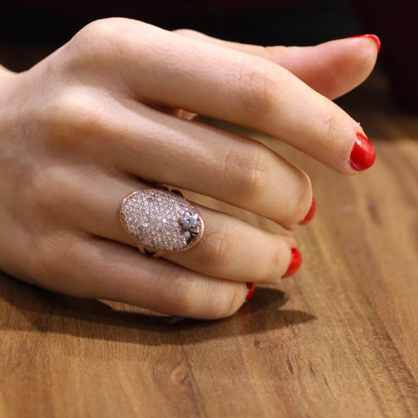 925 Ayar Gümüş Bombeli Oval Çok Taşlı Yüzük ürün görseli 1