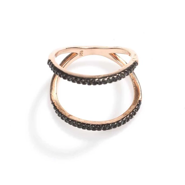 925 Ayar Gümüş Rose Renkli Siyah Taşlı  Yüzük - Resim 5