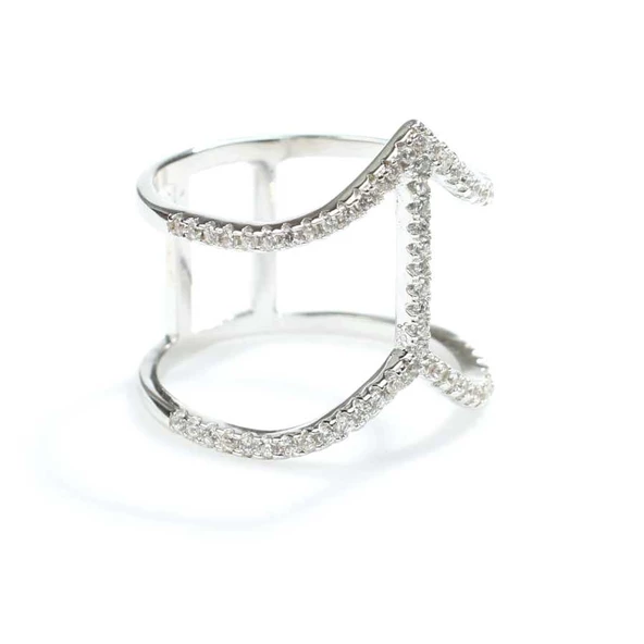 925 Ayar Gümüş Beyaz Renkli V Şekilli Tasarım Yüzük - Resim 4