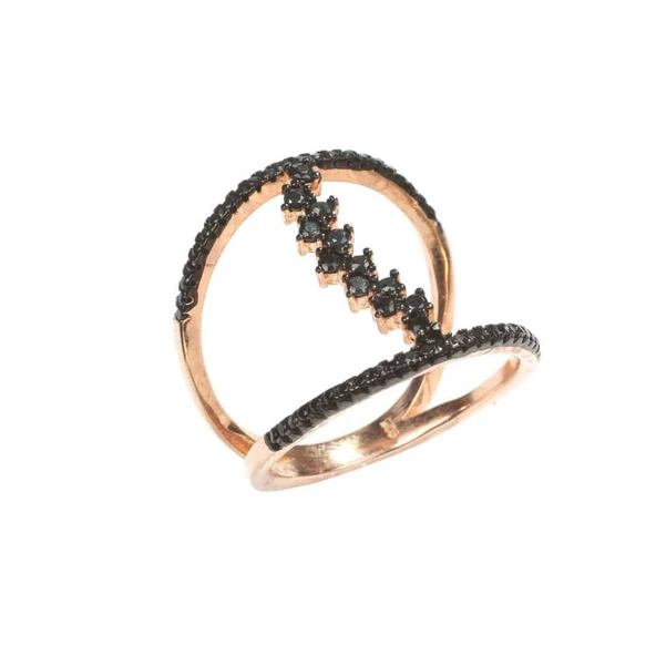 925 Ayar Gümüş Rose Renkli Siyah Taşlı Tasarım Yüzük - Resim 2