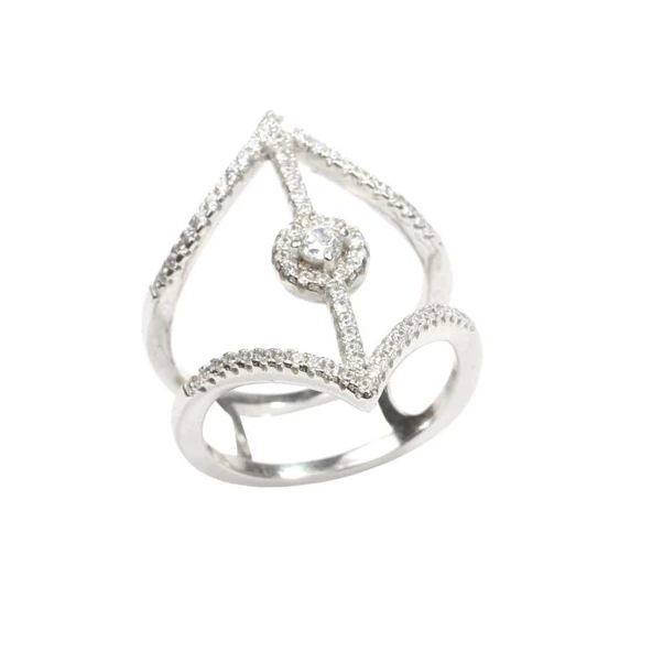 925 Ayar Gümüş Beyaz Renk Beyaz Zirkon Taşlı Tasarım Yüzük - Resim 2