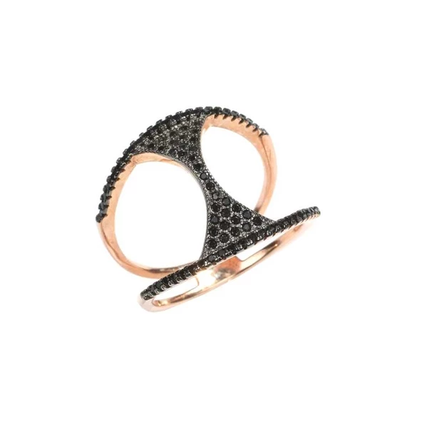 925 Ayar Rose Gümüş Siyah Taşlı Yüzük - Resim 2