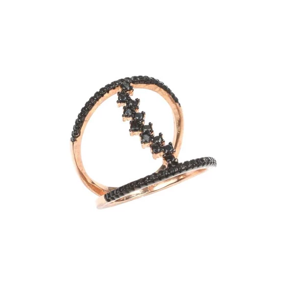 925 Ayar Gümüş Rose Renkli Siyah Taşlı Tasarım Yüzük - Resim 5