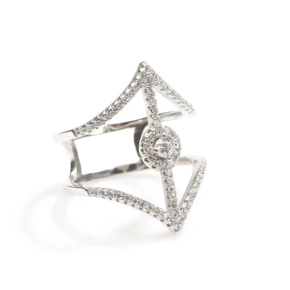 925 Ayar Gümüş Beyaz Renk Beyaz Zirkon Taşlı Tasarım Yüzük - Resim 4