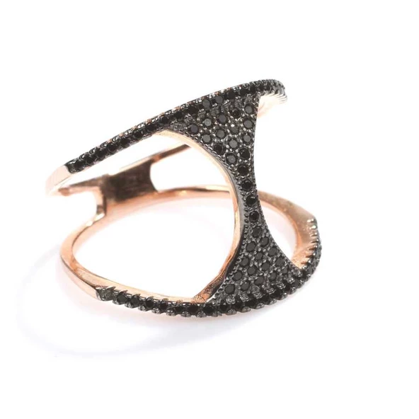 925 Ayar Rose Gümüş Siyah Taşlı Yüzük - Resim 4