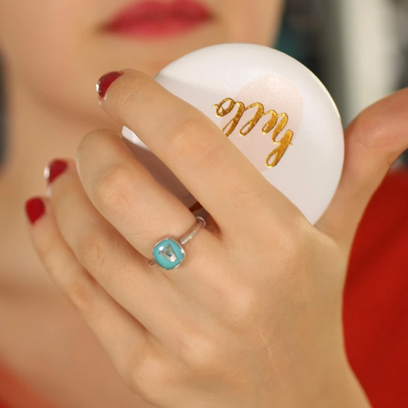 925 Ayar Gümüş Turkuaz Mineli Harfli Yüzük ürün görseli 1